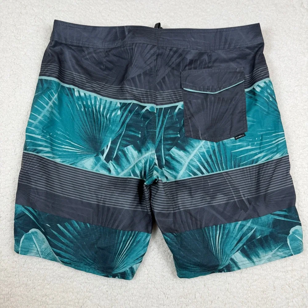 ONeill NWT Mens‎ Board Shorts 38 Teal Grey Tropical Palm Stripe Swim Trunks 20in